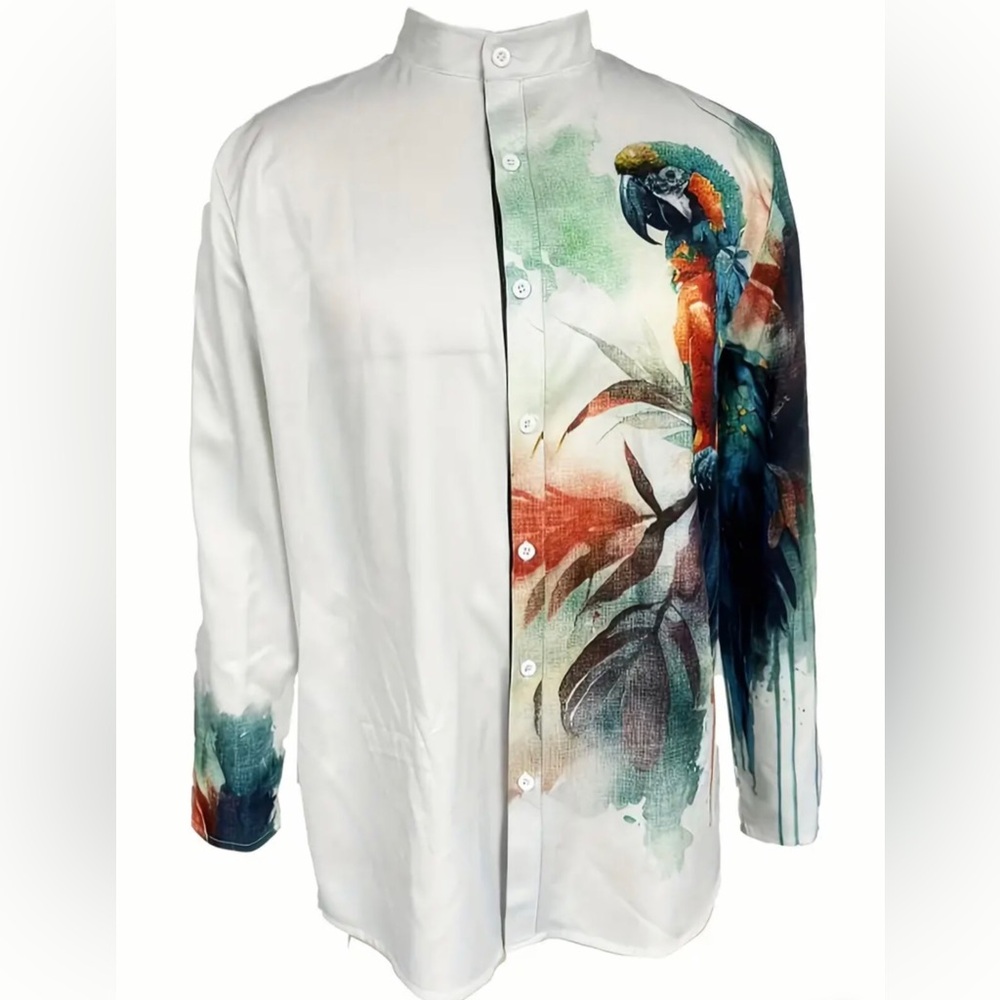 Parrot Print Long Sleeve White Shirt w Stand Collar (XL)
